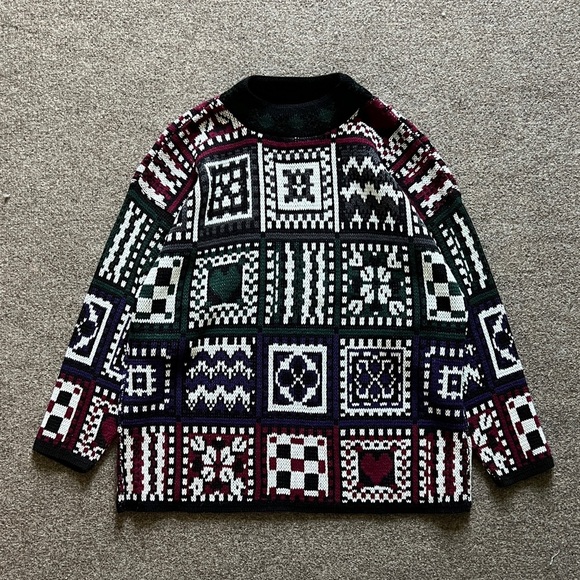 VTG Croquet Club Quilt Patchwork Pullover Mock Neck Sweater Knit Size L USA Made - Picture 1 of 11